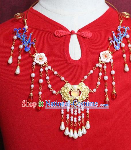 Traditional Chinese Ancient Princess Cloisonne Phoenix Tassel Necklace Handmade Jewelry Accessories Golden Longevity Lock Necklet for Women