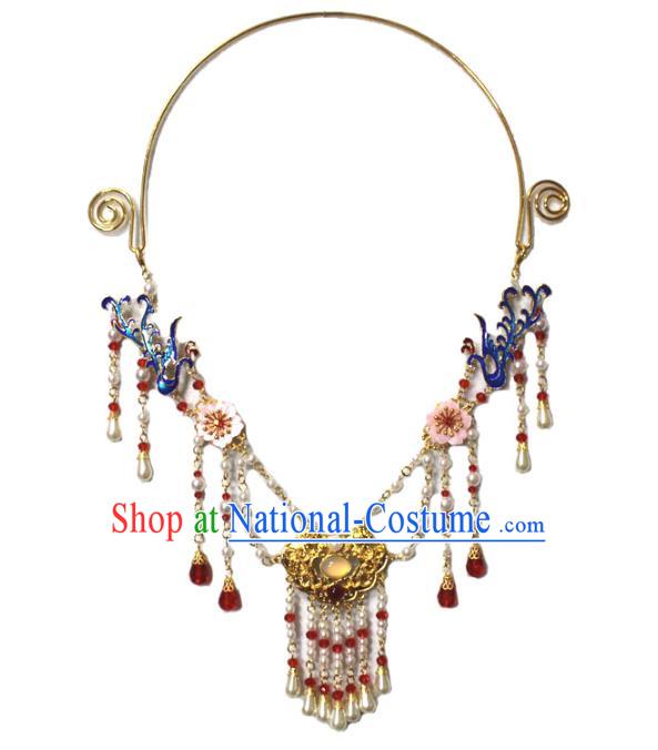 Traditional Chinese Ancient Princess Cloisonne Phoenix Tassel Necklace Handmade Jewelry Accessories Golden Longevity Lock Necklet for Women