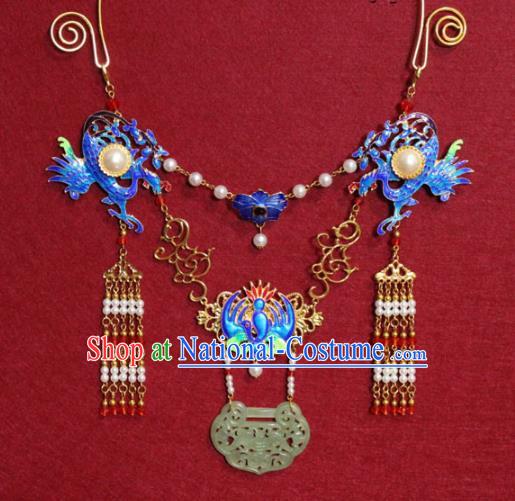 Traditional Chinese Ancient Princess Cloisonne Bat Phoenix Tassel Necklace Handmade Jewelry Accessories Jade Longevity Lock Necklet for Women