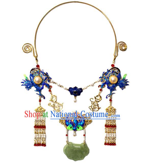 Traditional Chinese Ancient Princess Cloisonne Bat Phoenix Tassel Necklace Handmade Jewelry Accessories Jade Longevity Lock Necklet for Women