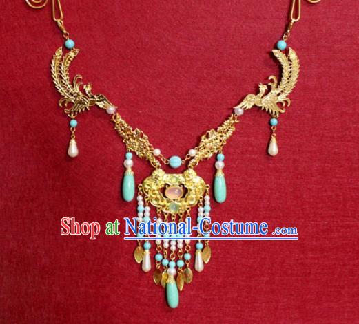 Traditional Chinese Ancient Princess Golden Phoenix Necklace Handmade Jewelry Accessories Longevity Lock Tassel Necklet for Women