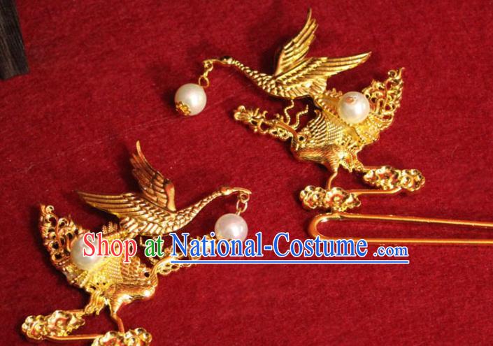 Traditional Chinese Handmade Golden Crane Hair Clip Ancient Queen Tassel Hairpin Hair Accessories for Women