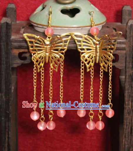 Traditional Chinese Ancient Princess Golden Butterfly Earrings Handmade Jewelry Accessories Pink Beads Tassel Eardrop for Women