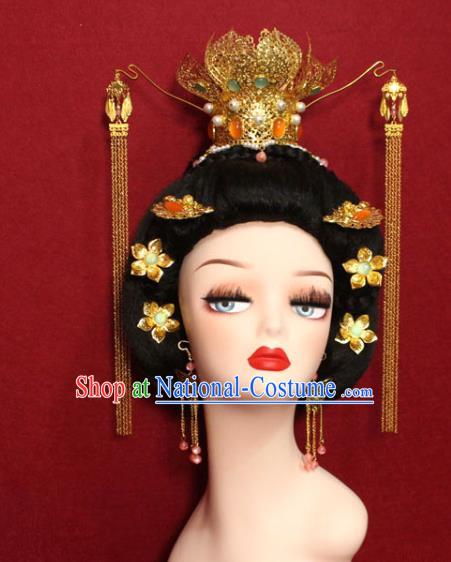 Traditional Chinese Ancient Empress Gems Phoenix Coronet Handmade Hair Jewelry Golden Lotus Hair Accessories Hairpins Complete Set for Women