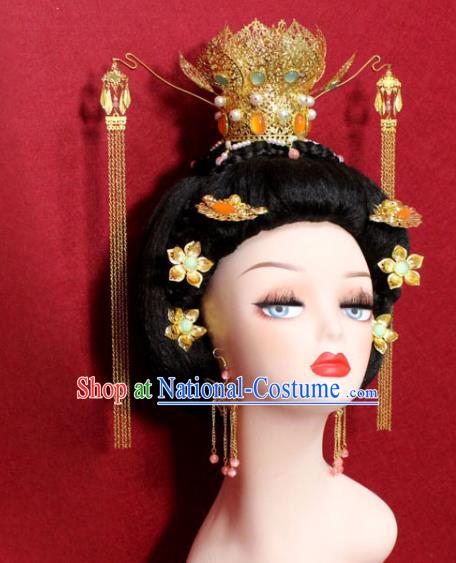 Traditional Chinese Ancient Empress Gems Phoenix Coronet Handmade Hair Jewelry Golden Lotus Hair Accessories Hairpins Complete Set for Women