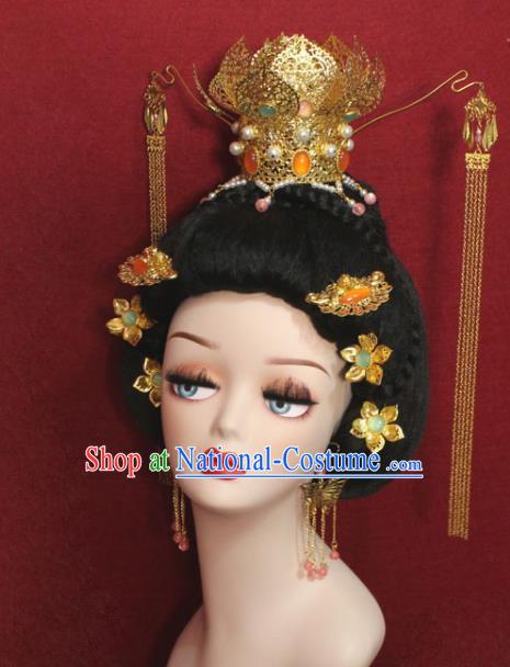 Traditional Chinese Ancient Empress Gems Phoenix Coronet Handmade Hair Jewelry Golden Lotus Hair Accessories Hairpins Complete Set for Women