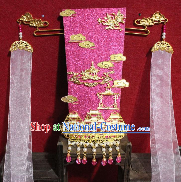 Traditional Chinese Ancient Female Official Pink Ribbon Hair Crown Handmade Hair Jewelry Taoist Nun Hair Accessories for Women