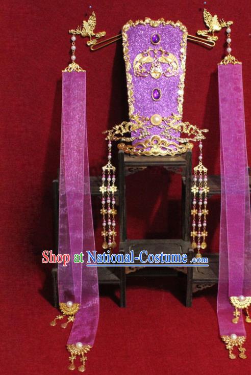 Traditional Chinese Ancient Female Official Purple Ribbon Hair Crown Handmade Hair Jewelry Taoist Nun Hairpins Hair Accessories for Women