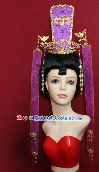 Traditional Chinese Ancient Female Official Purple Ribbon Hair Crown Handmade Hair Jewelry Taoist Nun Hairpins Hair Accessories for Women