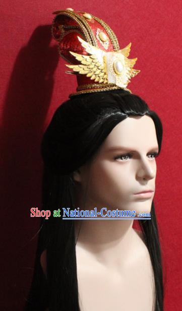 Traditional Chinese Ancient Prince Red Hairdo Crown Handmade Ming Dynasty Noble Childe Jade Hair Accessories for Men