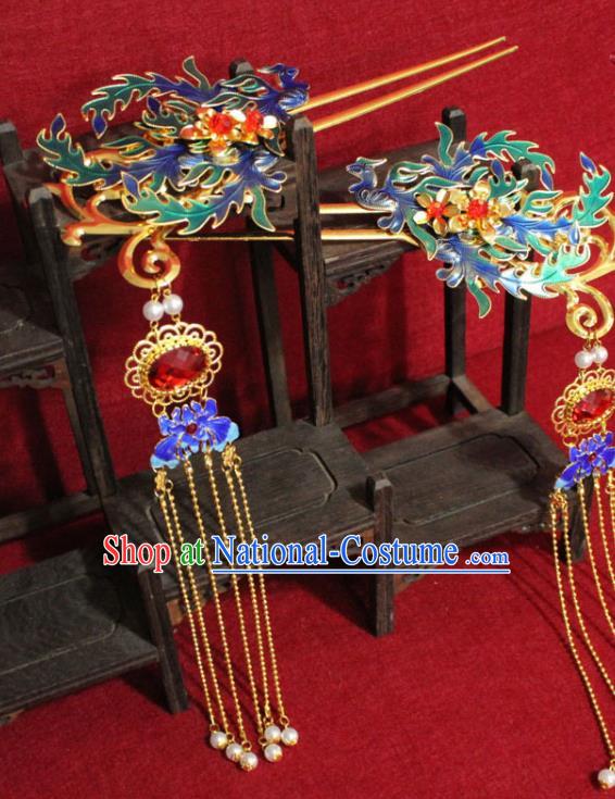 Traditional Chinese Handmade Tassel Hairpins Ancient Qing Dynasty Imperial Consort Hair Accessories Blueing Hair Clip for Women