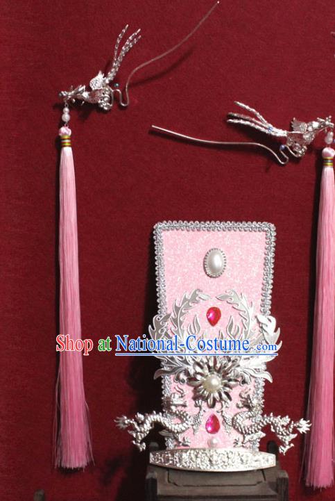 Traditional Chinese Ancient Female Official Dragon Hair Crown Handmade Hair Jewelry Taoist Nun Hairpins Pink Hair Accessories for Women