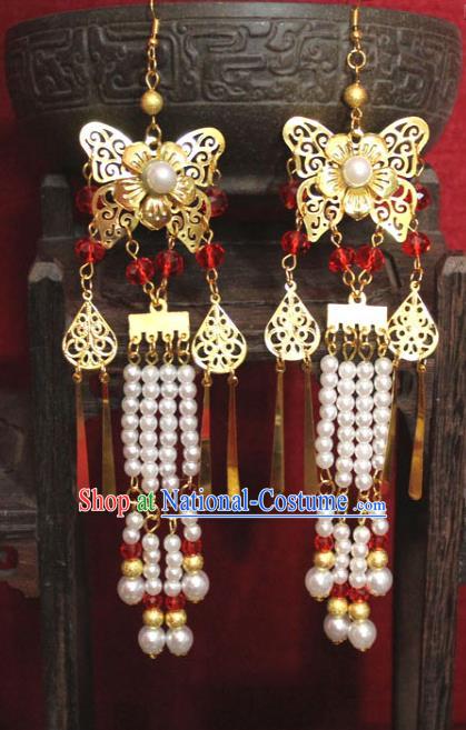 Traditional Chinese Ancient Princess White Beads Tassel Earrings Handmade Jewelry Accessories Golden Butterfly Eardrop for Women