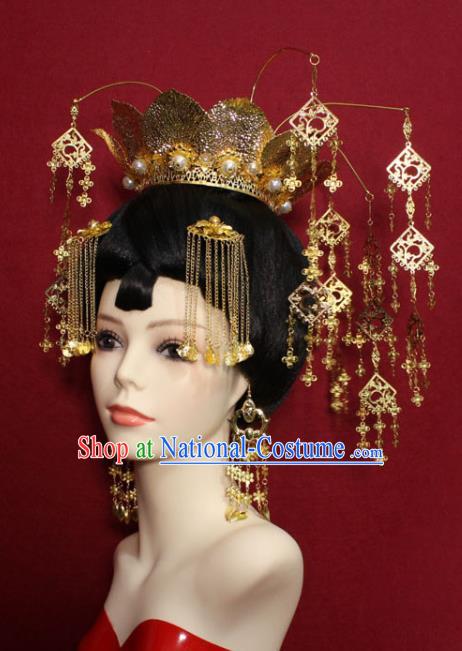 Traditional Chinese Ancient Empress Golden Lotus Phoenix Coronet Hair Crown Handmade Hair Jewelry Hairpins Hair Accessories for Women