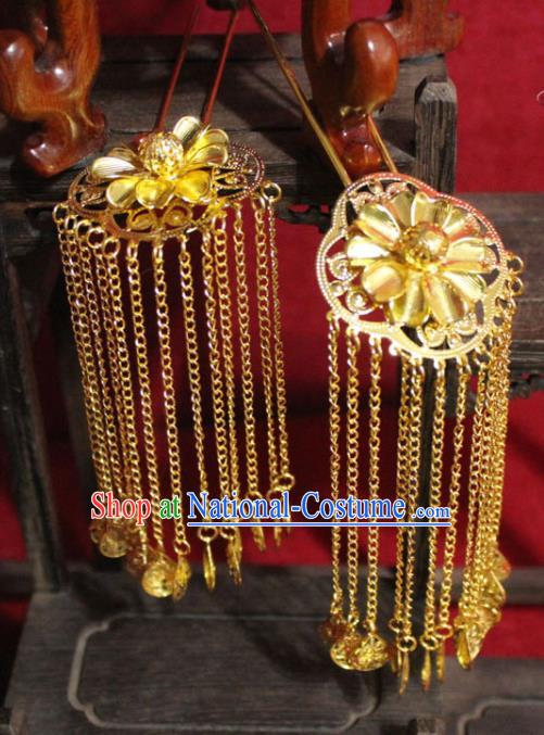 Traditional Chinese Handmade Golden Flower Hair Clip Ancient Queen Tassel Hairpin Hair Accessories for Women