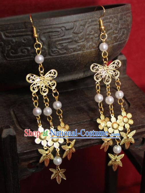 Traditional Chinese Ancient Princess Golden Maple Leaf Earrings Handmade Jewelry Accessories Tassel Eardrop for Women