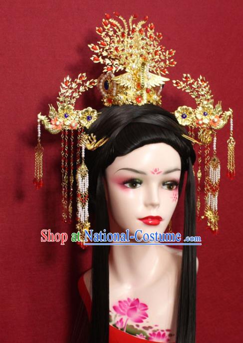 Traditional Chinese Ancient Queen Golden Phoenix Coronet Hair Crown Handmade Hair Jewelry Hairpins Red Crystal Hair Accessories for Women