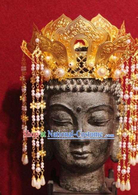 Traditional Chinese Handmade Buddhist Statues Golden Hair Crown Tassel Hair Accessories