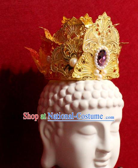 Traditional Chinese Handmade Buddhist Statues Purple Crystal Hair Crown Golden Lotus Hair Accessories