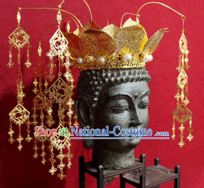 Traditional Chinese Handmade Buddhist Statues Phoenix Hair Crown Golden Lotus Tassel Hair Accessories