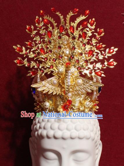 Traditional Chinese Handmade Buddhist Statues Red Crystal Phoenix Hair Crown Pearls Hair Accessories