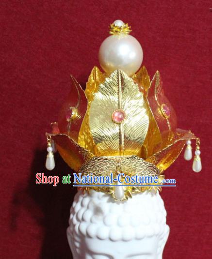 Traditional Chinese Handmade Buddhist Statues Golden Leaf Phoenix Hair Crown Pearls Hair Accessories