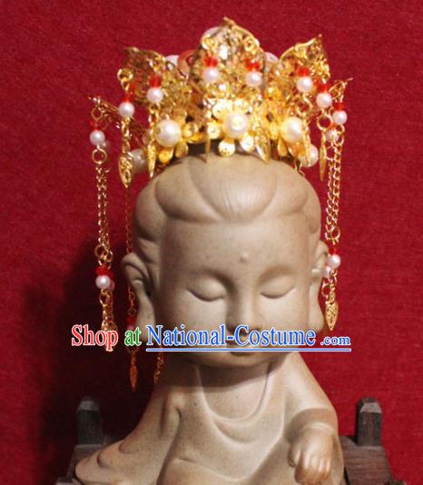 Traditional Chinese Handmade Buddhist Statues Phoenix Hair Crown Golden Tassel Hair Accessories