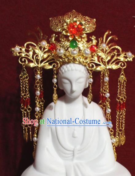 Traditional Chinese Handmade Buddhist Statues Red Flower Phoenix Hair Crown Golden Tassel Hair Accessories