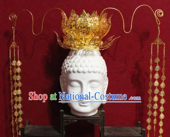 Traditional Chinese Handmade Buddhist Statues Phoenix Hair Crown Golden Wheat Tassel Hair Accessories