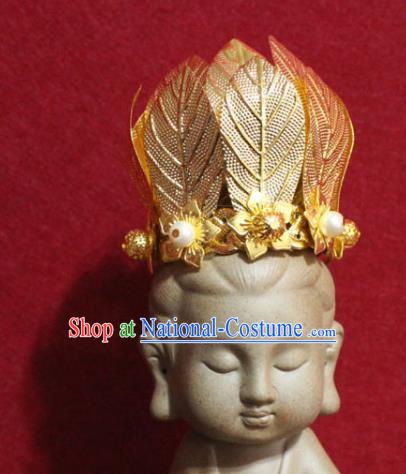 Traditional Chinese Handmade Buddhist Statues Hair Crown Golden Leaf Hair Accessories Headwear