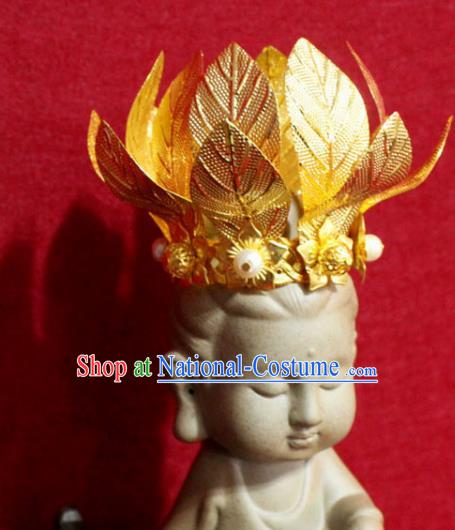 Traditional Chinese Handmade Golden Leaf Hair Crown Buddhist Statues Hair Accessories Headwear