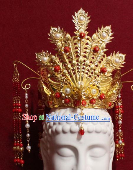 Traditional Chinese Handmade Golden Phoenix Hair Crown Buddhist Statues Red Beads Tassel Hairpins Hair Accessories Headwear