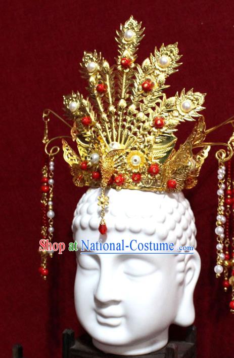 Traditional Chinese Handmade Golden Phoenix Hair Crown Buddhist Statues Red Beads Tassel Hairpins Hair Accessories Headwear