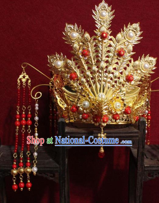 Traditional Chinese Handmade Golden Phoenix Hair Crown Buddhist Statues Red Beads Tassel Hairpins Hair Accessories Headwear