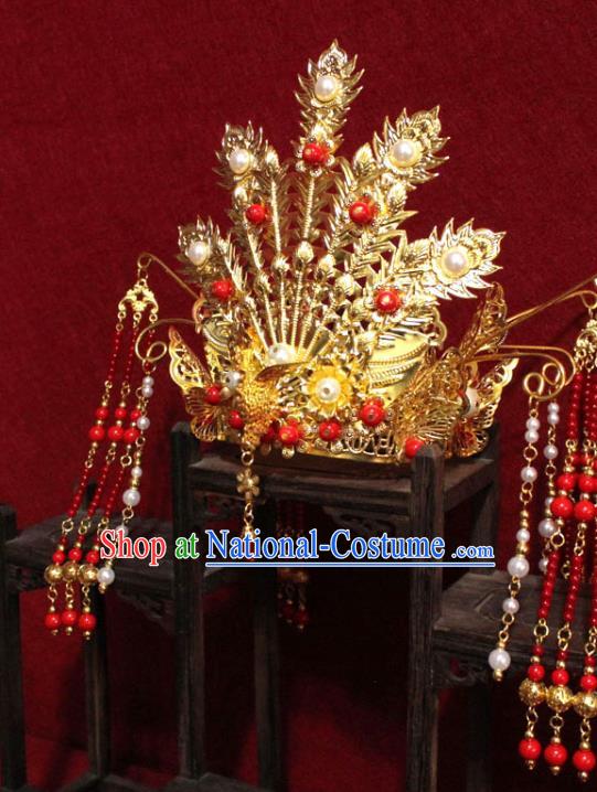 Traditional Chinese Handmade Golden Lotus Hair Crown Buddhist Statues Tassel Hairpins Hair Accessories Headwear