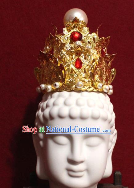 Traditional Chinese Handmade Golden Hair Crown Buddhist Statues Red Crystal Hairpins Hair Accessories Headwear