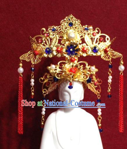 Traditional Chinese Handmade Tassel Hair Crown Buddhist Statues Blue Flowers Hairpins Golden Hair Accessories Headwear