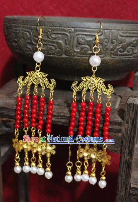 Traditional Chinese Ancient Princess Red Beads Tassel Earrings Handmade Jewelry Accessories Golden Flowers Eardrop for Women