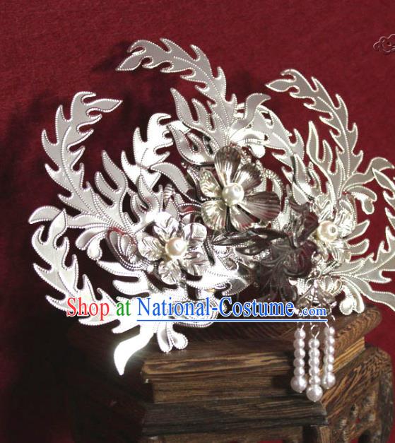 Traditional Chinese Handmade Argent Phoenix Hairpins Ancient Qing Dynasty Imperial Consort Hair Accessories Hair Comb for Women