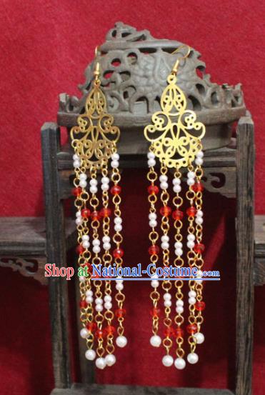 Traditional Chinese Ancient Princess Beads Tassel Earrings Handmade Jewelry Accessories Golden Eardrop for Women