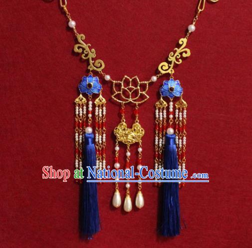 Traditional Chinese Ancient Princess Royalblue Tassel Necklace Handmade Jewelry Accessories Cloisonne Necklet for Women