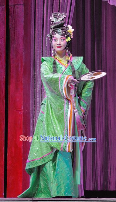 Chinese Sichuan Opera Hua Tan Garment Costumes and Hair Accessories Xi Zhao Qi Shan Traditional Peking Opera Young Female Green Dress Diva Mei Niang Apparels