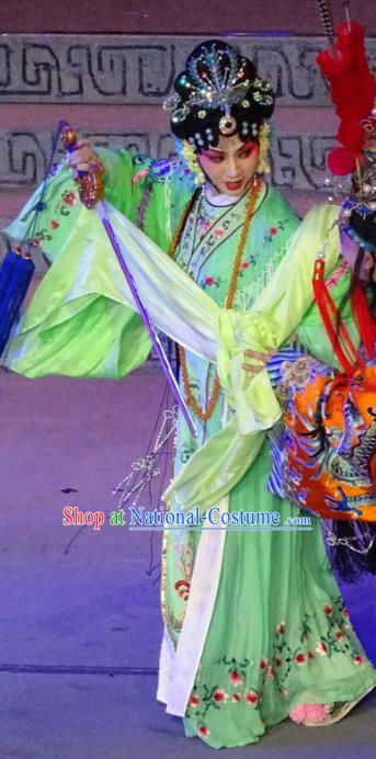 Chinese Sichuan Opera Actress Xi Hui Garment Costumes and Hair Accessories Qing Yun Palace Traditional Peking Opera Young Female Green Dress Apparels