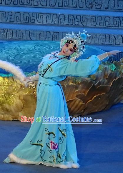 Chinese Sichuan Opera Young Lady Garment Costumes and Hair Accessories Qing Yun Palace Traditional Peking Opera Xiaodan Miao Jinhua Blue Dress Apparels