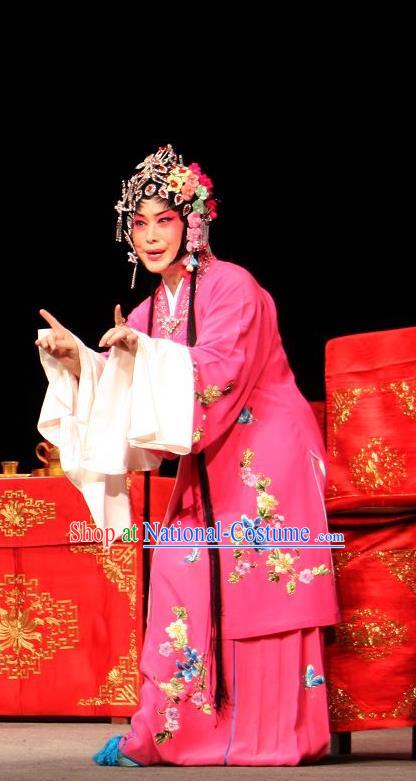 Chinese Sichuan Opera Young Female Rosy Garment Costumes and Hair Accessories Yu He Qiao Traditional Peking Opera Actress Rosy Dress Diva Apparels