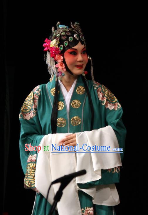 Chinese Sichuan Opera Elderly Female Garment Costumes and Hair Accessories Yu He Qiao Traditional Peking Opera Dame Green Dress Consort Apparels