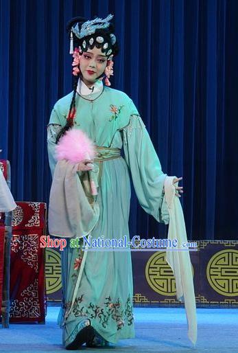 Chinese Sichuan Opera Young Lady Wang Ruilan Garment Costumes and Hair Accessories Shuang Bai Yue Traditional Peking Opera Hua Tan Green Dress Diva Apparels