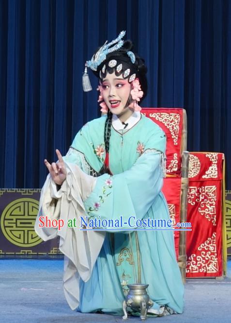 Chinese Sichuan Opera Young Lady Wang Ruilan Garment Costumes and Hair Accessories Shuang Bai Yue Traditional Peking Opera Hua Tan Green Dress Diva Apparels