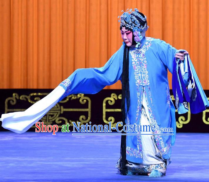 Chinese Beijing Opera Diva Meng Yuehua Apparels Costumes and Headpieces Traditional Peking Opera Yu Bei Pavilion Young Female Blue Dress Garment