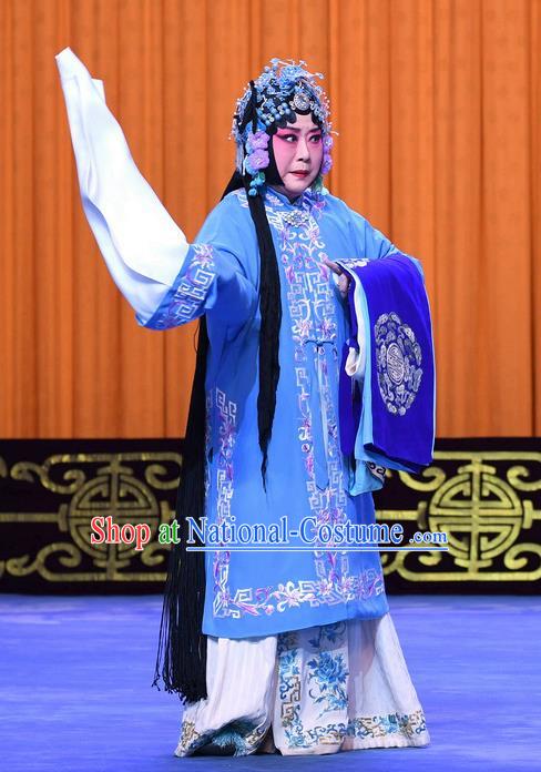 Chinese Beijing Opera Diva Meng Yuehua Apparels Costumes and Headpieces Traditional Peking Opera Yu Bei Pavilion Young Female Blue Dress Garment